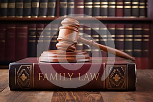 Judicial authority symbolized by gavel on FAMILY LAW book in scholarly setting. photo