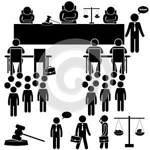 Judicial Background with Judge & Lawyer. Stick Figure