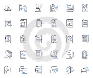 Judicial bureau line icons collection. Trial, Verdict, Justice, Courtroom, Judge, Lawyer, Litigation vector and linear