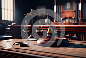 Judicial Icons: Judge\'s Gavel and Scales of Justice in a Courtroom Setting - Generative AI