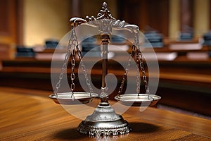 Judiciary concept scales of justice on wooden table in court