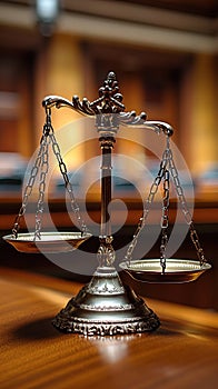 Judiciary concept scales of justice on wooden table in court