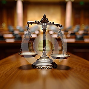 Judiciary concept scales of justice on wooden table in court