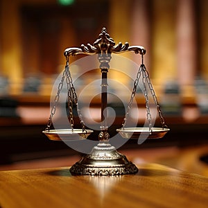 Judiciary concept scales of justice on wooden table in court