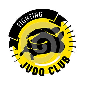 Judo Fighting Club Banner, Martial Arts School Label with Fighters Black Silhouettes and Typography Isolated Emblem
