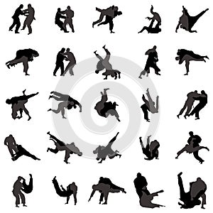 Judo wrestlers silhouette set icons, simple style photo