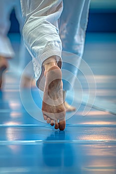 Judoka demonstrating precise footwork to balance weight, illustrating olympic sport concept photo