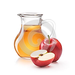 A jug of apple juice with red apples