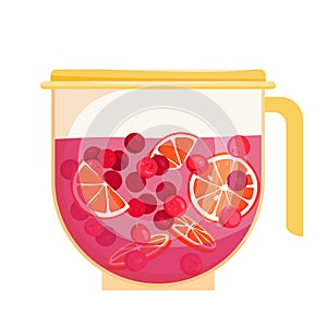 Jug with berry compote, red summer drink made from cherry fruits and orange slices