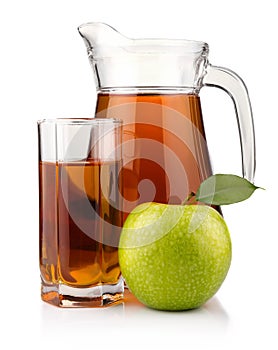 Jug and glass of green apple juice isolated