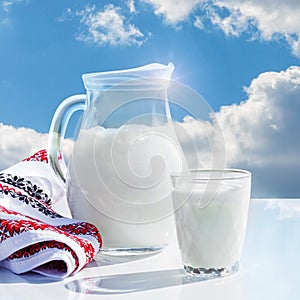 Jug and glass with milk .