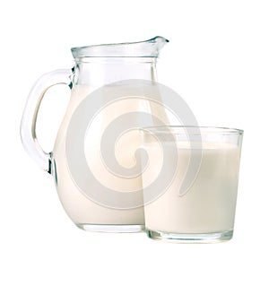 Jug and glass of milk isolated on white background