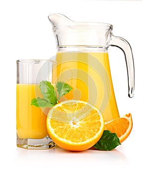 Jug, glass of orange juice and fruits isolated