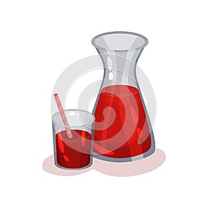 Jug and glass of fresh tomato juice. Delicious and healthy drink. Flat vector element for promo poster or banner photo