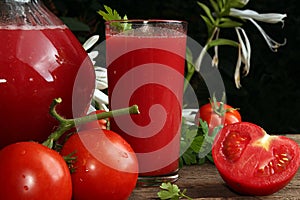 Jug and glass of tomato juice and fresh tomatoes