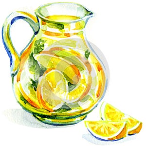 Jug of lemonade with mint. watercolor painting