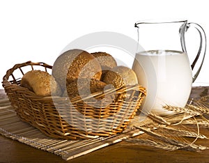 Jug with milk, bread and wheat