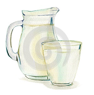 Jug of milk and glass of milk  isolated on white background, watercolor