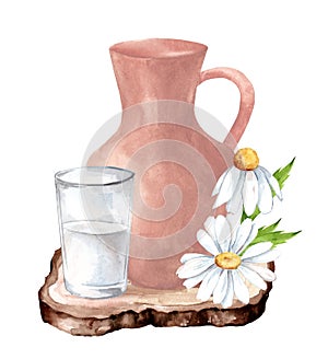 jug for milk and a glass of milk on a white background. Village style.