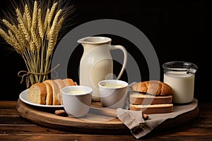 A jug of milk and glass of milk on a wooden table