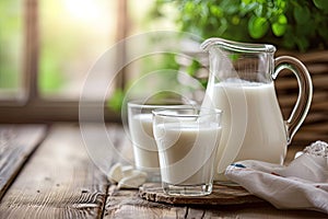 A jug of milk and glass of milk on a wooden table