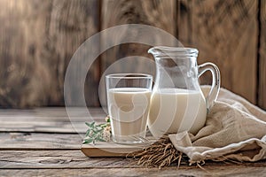 A jug of milk and glass of milk on a wooden table