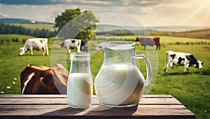 Jug of milk with green meadow and cows in the background.