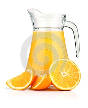 Jug of orange juice and orange fruits isolated