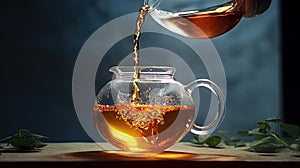 Jug pouring hot tea into glass cup with green tea leaves in the air, Healthy products by organic natural ingredients