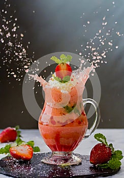 A jug of sweet and refreshment strawberry bingsu juice in black tray, AI generated