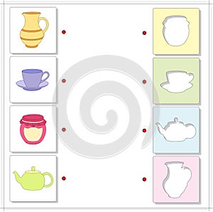 Jug, tea cup, jar and teapot. Educational game for kids