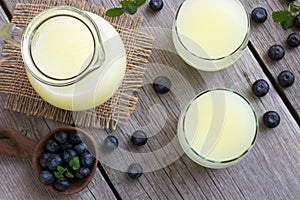 A jug and two glasses of whey with blueberries, top view