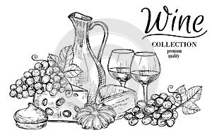 Jug of wine, cheese, sweets and glasses sketch vector background
