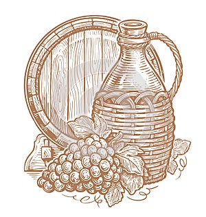 Jug of wine, grapes and wooden barrel. Winery, pub sketch. Hand drawn vintage vector illustration