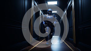 Juggernaut In Dark Blue Uniform Walking Through Dark Corridor