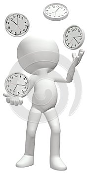 Juggler juggles clocks manage time schedule