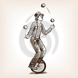 Juggler man on retro old unicycle sketch vector