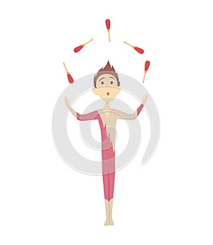 Juggler performs a circus trick. Artist throws up maces. Circus performer. Vector illustration. Cartoon flat style.