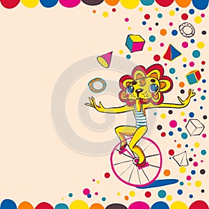 Juggling lion by bicycle. Hand drawing.