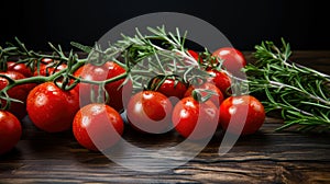 Tomates cherry y romero fresco sobre mesa rÃÂºstica de madera.Generstive AI photo