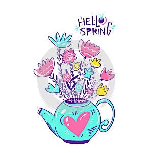Jugs with bouquets and floral wreath. Hand drawn vector illustration isolated on white background. Hello Spring Lettering phrase