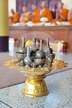 Jugs for pour ceremonial water in religious buddhism, selective