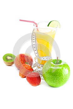 Juice,apple,strawberry,peach,kiwi,measure tape