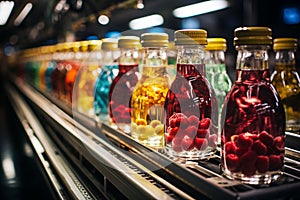 Juice bottles with fruit on a conveyor belt, beverage factory operates a production line, processing and bottling drink