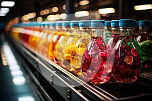 Juice bottles with fruit on a conveyor belt, beverage factory operates a production line, processing and bottling drink