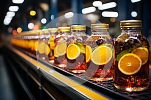 Juice bottles with fruit on a conveyor belt, beverage factory operates a production line, processing and bottling drink