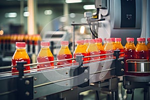 Juice bottles with fruit on a conveyor belt, beverage factory operates a production line, processing and bottling drink