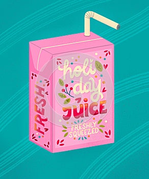 Juice box with hand lettering holiday juice. Cute festive winter holiday illustration. Bright colorful pink and blue greeting card