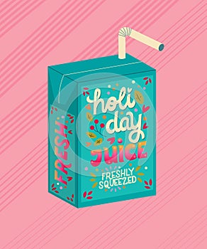 Juice box with hand lettering holiday juice. Cute festive winter holiday illustration. Bright colorful pink and blue vector design