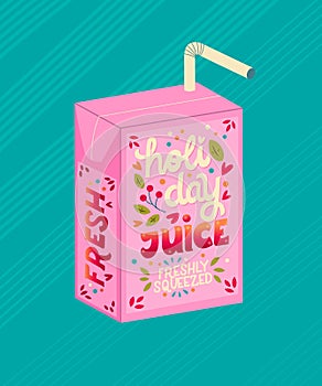 Juice box with hand lettering holiday juice. Cute festive winter holiday illustration. Bright colorful pink and blue vector design